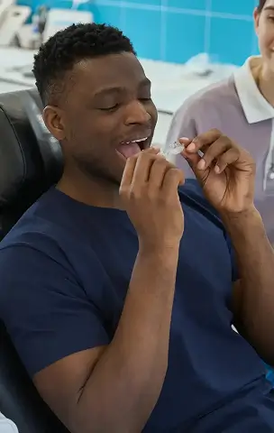 Man in dental chair inserting a clear dental aligner